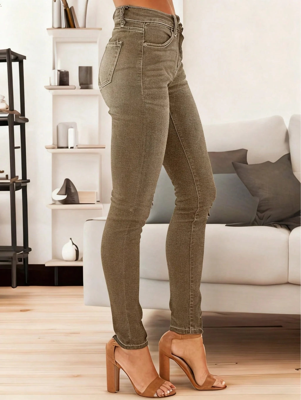 Women's Fashionable Elegant Casual Versatile Washed Cat's Whisker Pattern Skinny Fit Denim Jeans for Daily Wear