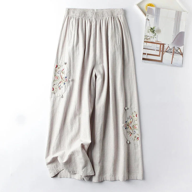 Women's Fashion New Loose Wide Leg Pants Simple Casual Solid Color Splicing Embroidered Elastic Waist Slim Thin Straight Pant