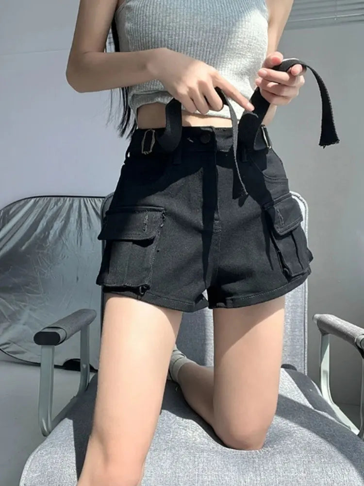 Large Pocket Denim Shorts Women Stretch Slim Fit High Waist Sexy Butt Lifting Hot Pants Summer Fashion Babes Casual Y2k Clothes