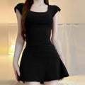 Spicy Girl Solid Purple Womens Short Sleeved Dress Summer Underlay Square Collar Temperament Waist Tight Wrapped Sexy Mini Dress