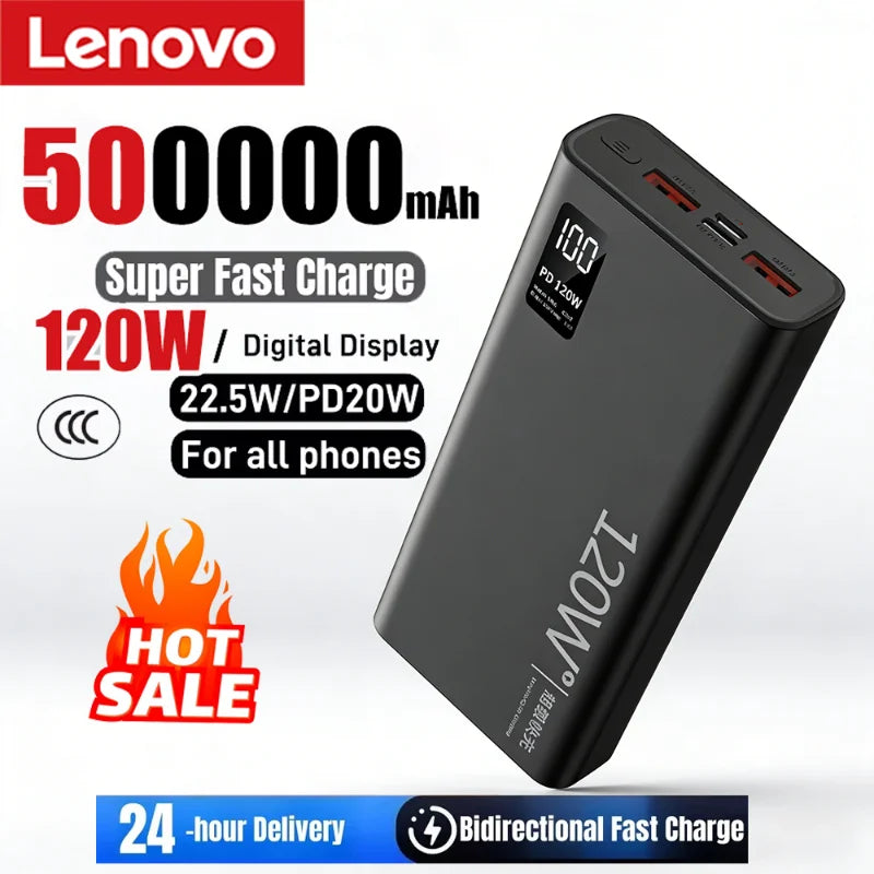 Lenovo 50000mAh 120w Fast Charging  External Battery High Capacity Power Bank Portable Digital Display Charger For Xiaomi