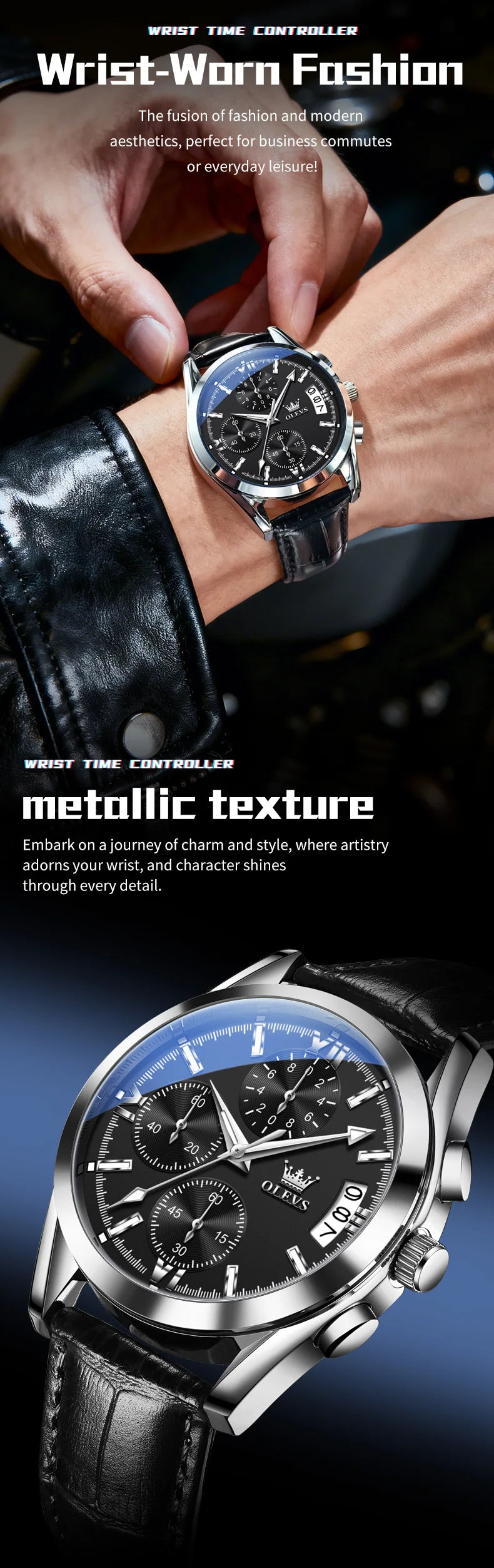 OLEVS 2987 Men Original Quartz Movement Wristwatch Fashion Metallic Texture Calendar Window Luminous Function Waterproof Watch
