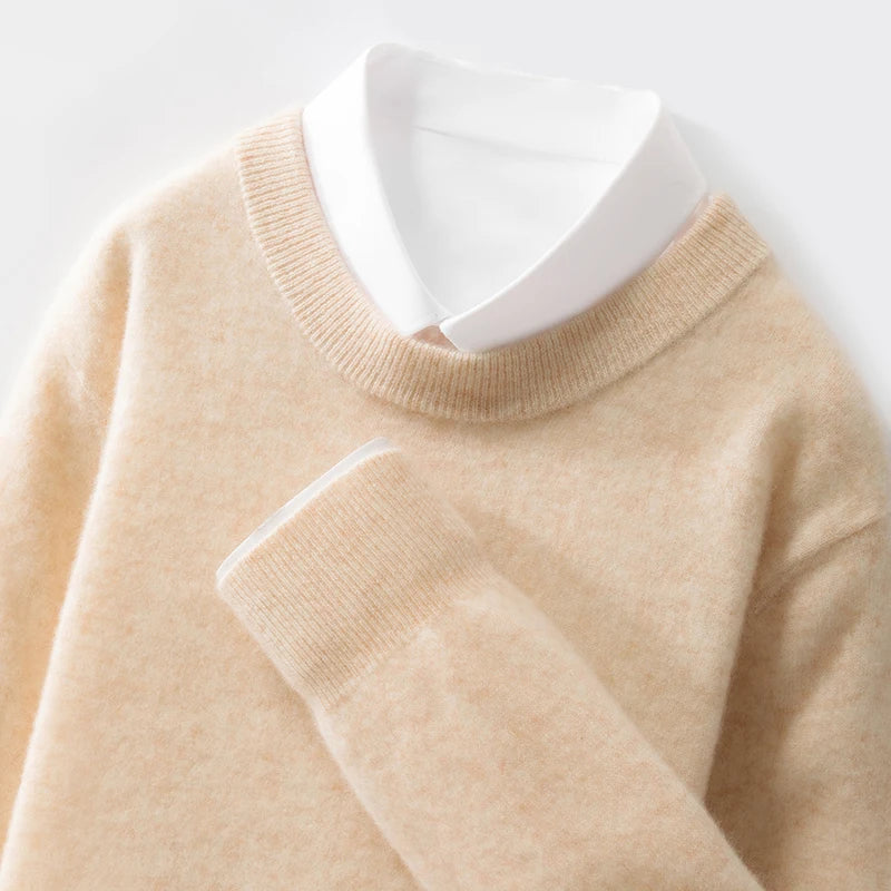 100% wool men's round neck solid color loose knit cashmere pullover for business and leisure, keeping warm in autumn and winter