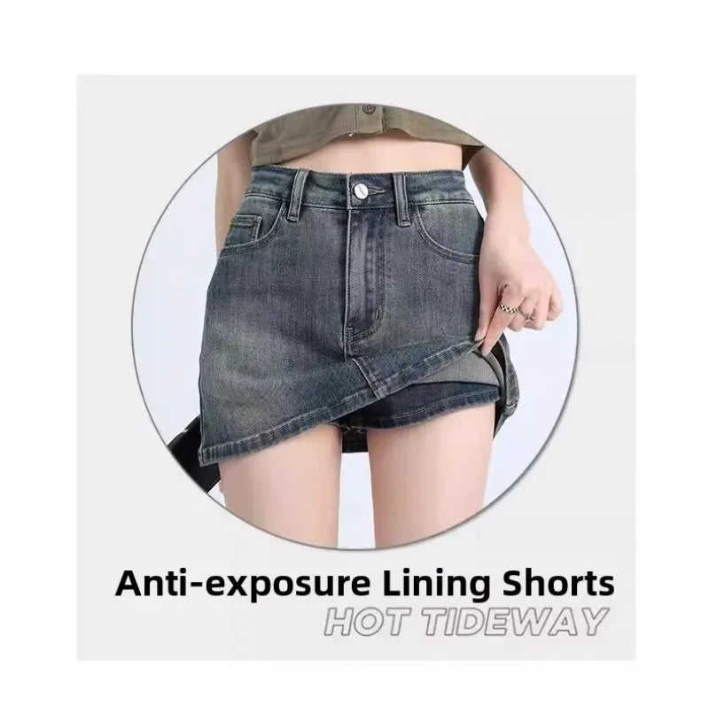 Sexy Retro Denim Skirt Women Anti-Light High Waist A-Line Slimming American Hot Girl Wrap Body Skirt Summer Fashion Mini Skirt