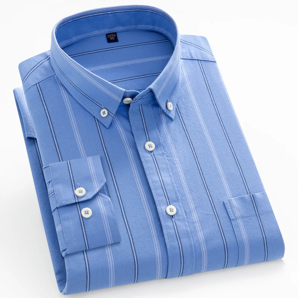 Men's 100% Cotton Breathable Oxford Fabric Dress Shirt, Plaid Striped Casual Long Sleeve, Button-Up with Collar and Chest Pocket