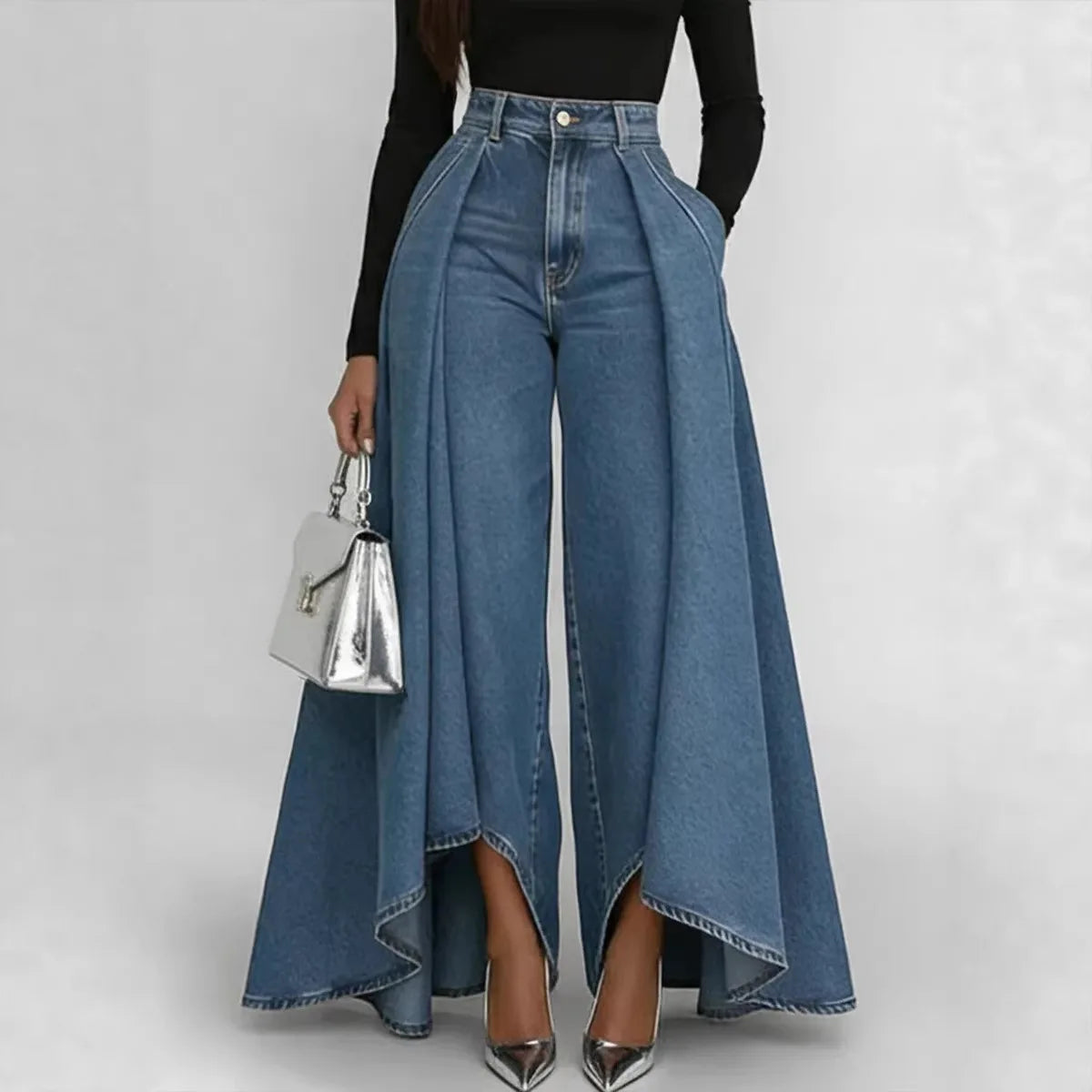 Fashion High Rise Denim Culottes Jeans Side Drape Oversized Wide Leg Pants Loose Fit Casual Trousers Streetwear