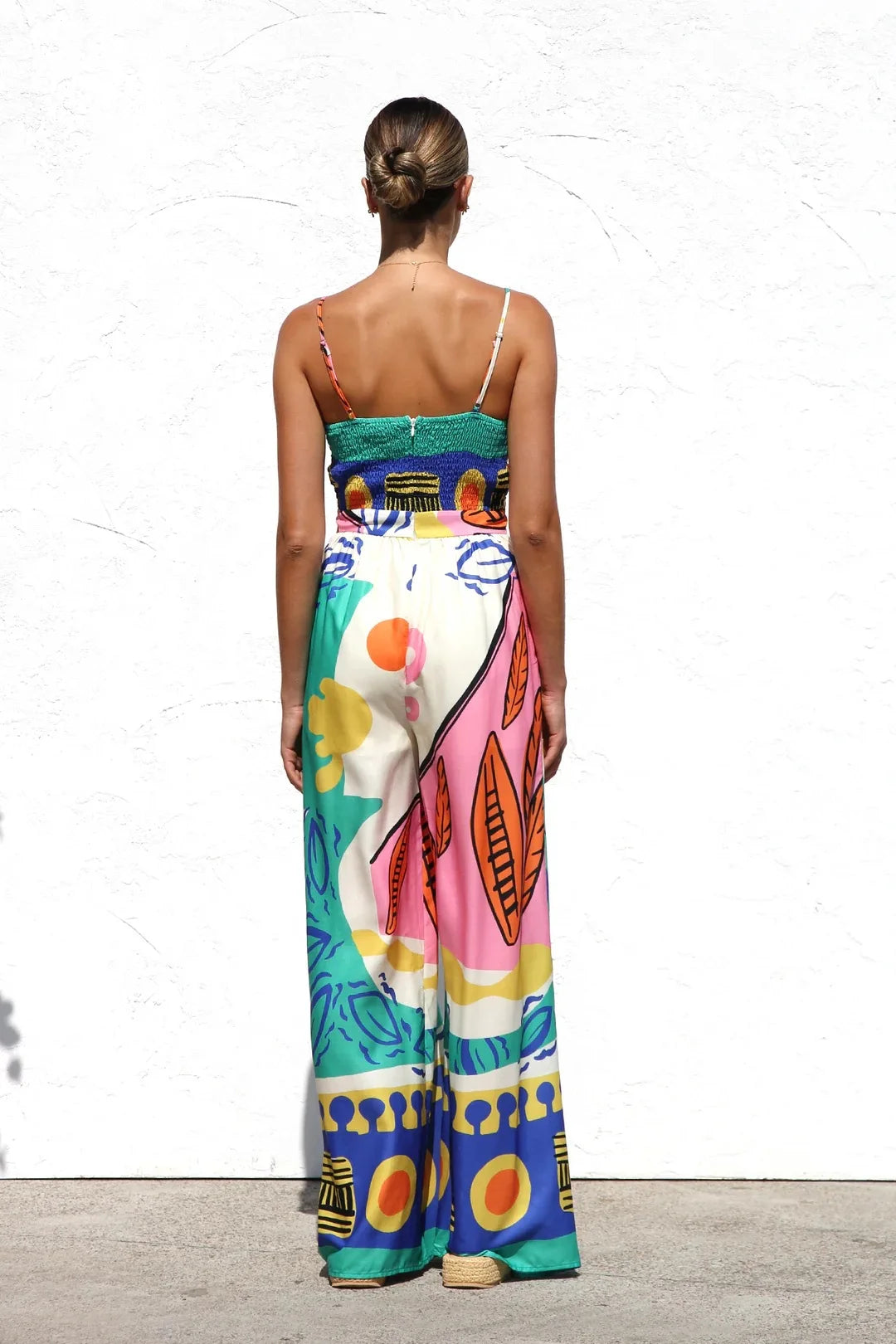 Spring Summer Print Spaghetti Strap Jumpsuits Women Fashion Sexy Hollow Out Leace-up High Waist Wide Legs Jumpsuit Bohemian New