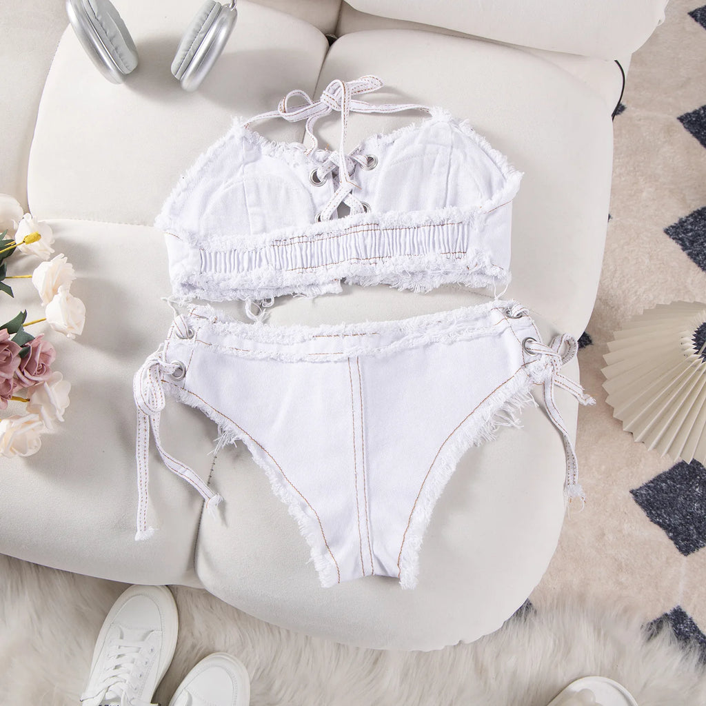 DEKA Retro Women Bikini Denim Suits Summer Halter Camis+ Mini Pant Lingerie Fashion Vacation Swimsuits Sexy Bra&Briefs Sets