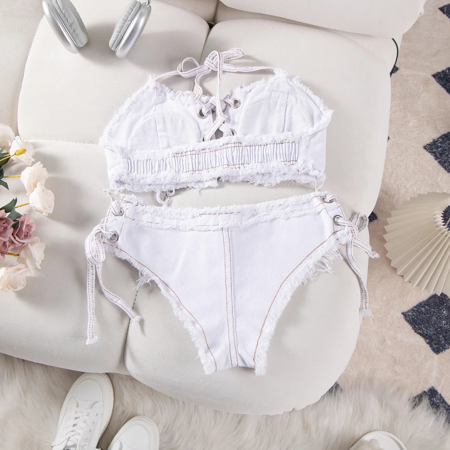 DEKA Retro Women Bikini Denim Suits Summer Halter Camis+ Mini Pant Lingerie Fashion Vacation Swimsuits Sexy Bra&Briefs Sets