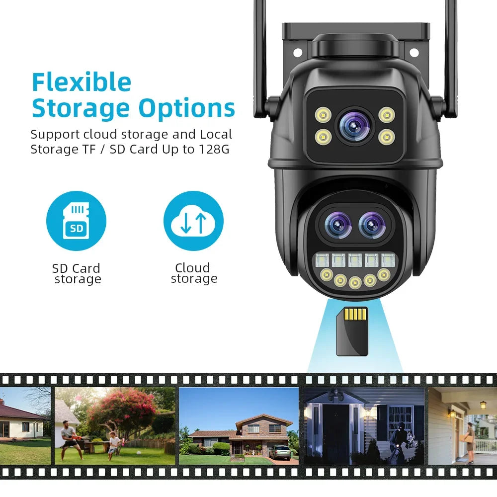 6K 12MP ICSEE Wifi Security Camera 3 Lens Dual Screen 8X Zoom Outdoor Waterproof Color Night Vision IP66 Surveillance Camera