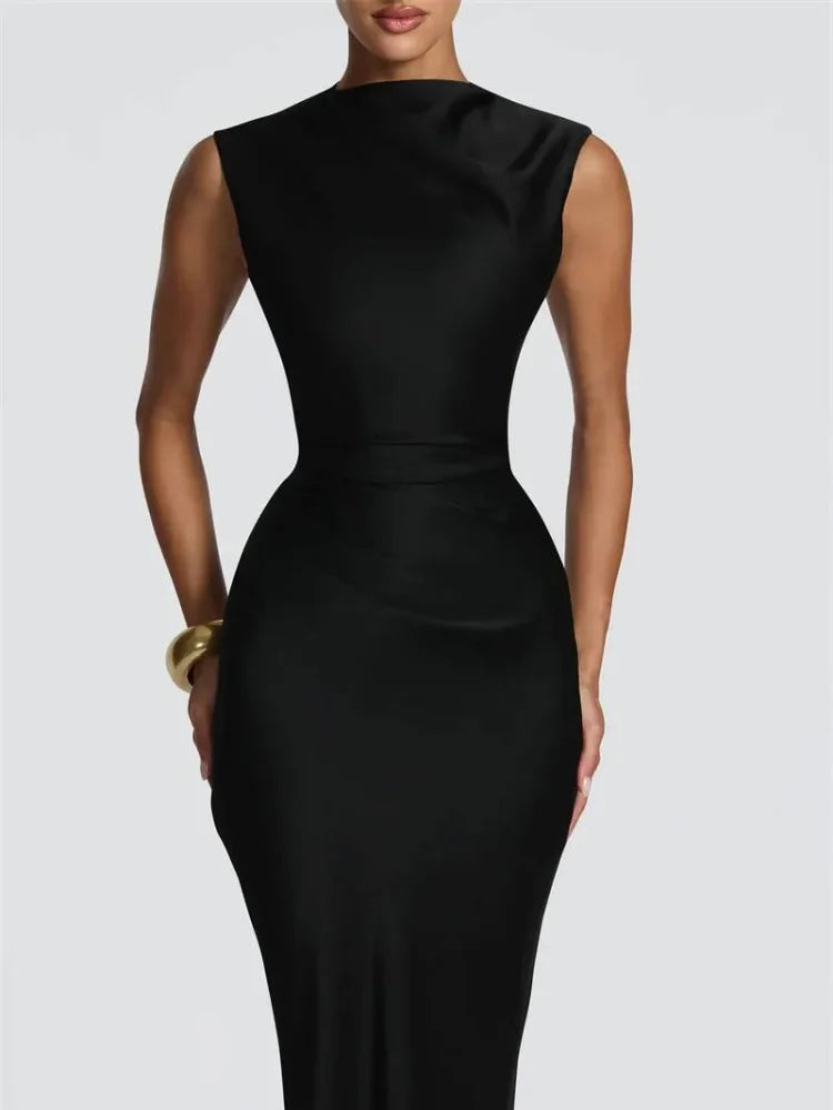 Women Fashion Solid Pleated Halter Dress Waist-cinching Sleeveless Backless Split Maxi Dresses 2026 Sexy Summer Lady Party Gowns