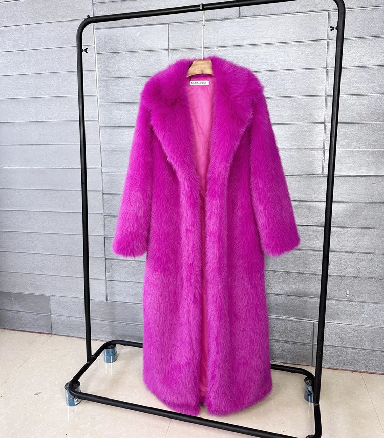 Long Faux Fur Coat Women Autumn Winter Large Jacket Overcoat White Turn Down Collar Pockets Thick Coat Warm Jackets Maxi Coats