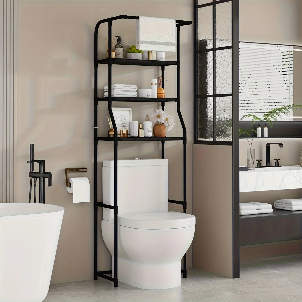 Bathroom Toilet Storage Rack, Balcony Washing Machine Shelf, Multi-Layer Metal Storage Rack with Toilet Paper Holder