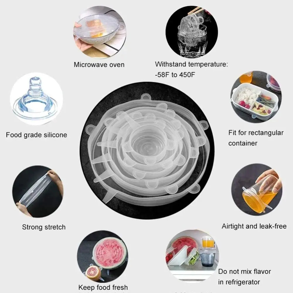 6PCS New Reusable Fresh-keeping Cover Kitchen Gadgets Non-slip Silicone Lids Stretch Bowl Cap