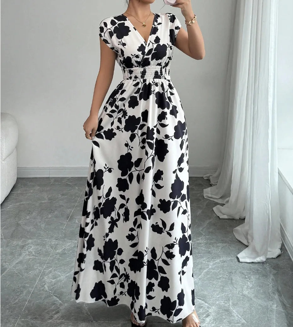 2026 Women's New Fashion Casual Daily Comfortable Elegant Lace-up Floral Print V-neck Short Sleeve Waist Women's Long Dress