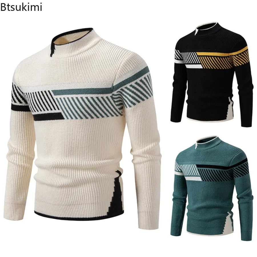 High Quality Men's New Autumn Winter Sweaters Casual Warm Mock Neck Pullovers Trend Color Blocking Design Men Sweaters Knit Tops