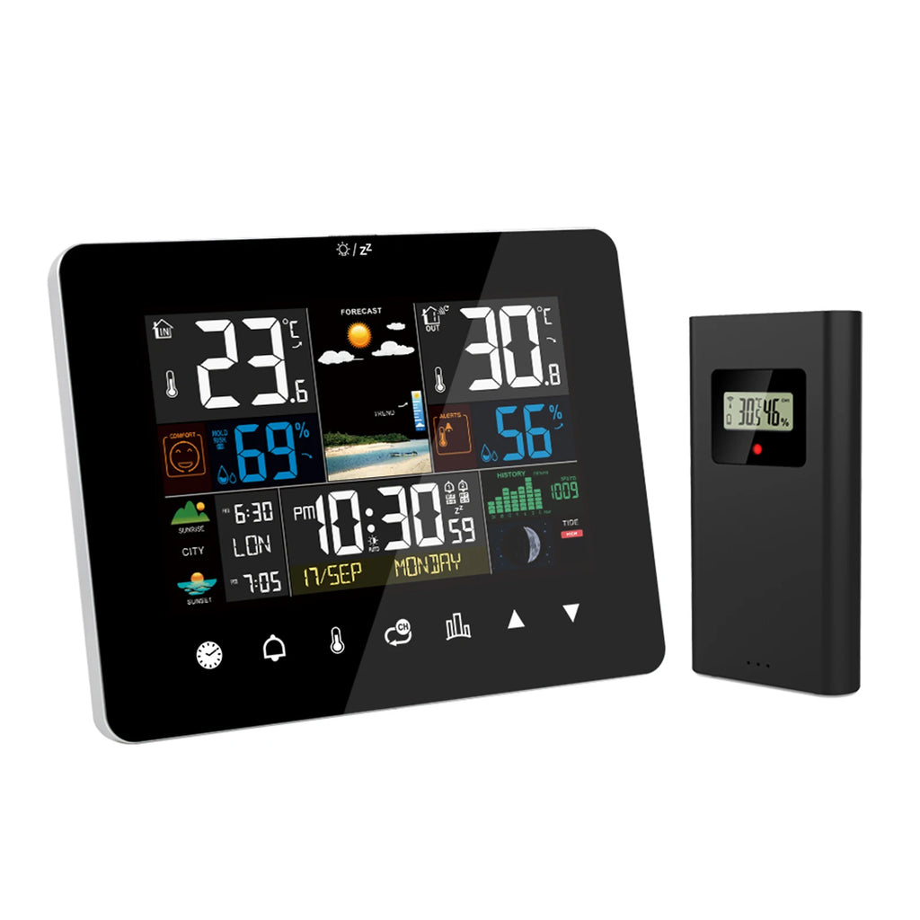 Multifunctional Weather Station Alarm Clock Touch Screen Thermometer Hygrometer Wireless Sensor Sunrise Sunset Hygrothermograph