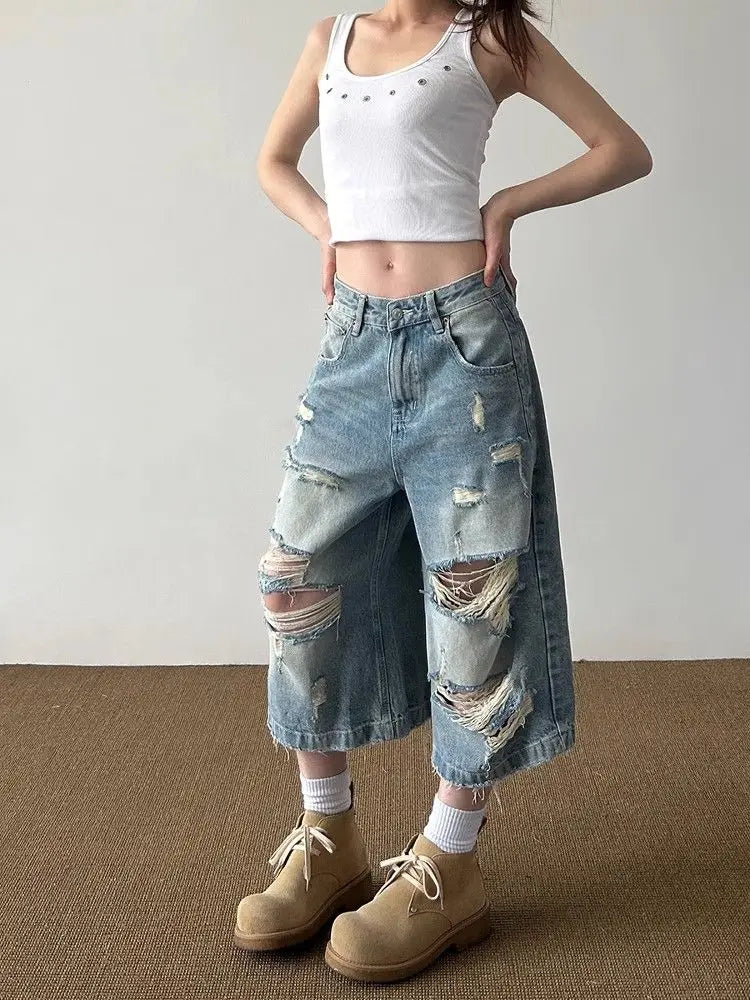 Vintage High Street Ripped Denim Seven-point Jeans Women's Summer Loose Drape Straight Wide-leg Pants