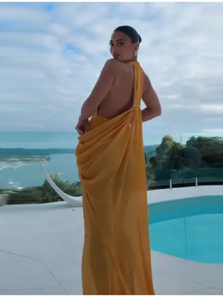 Chic Bohemian Yellow Dress Draped Chiffon Vintage Women Dresses Party Summer Vacation Beach Trendy Streetwear
