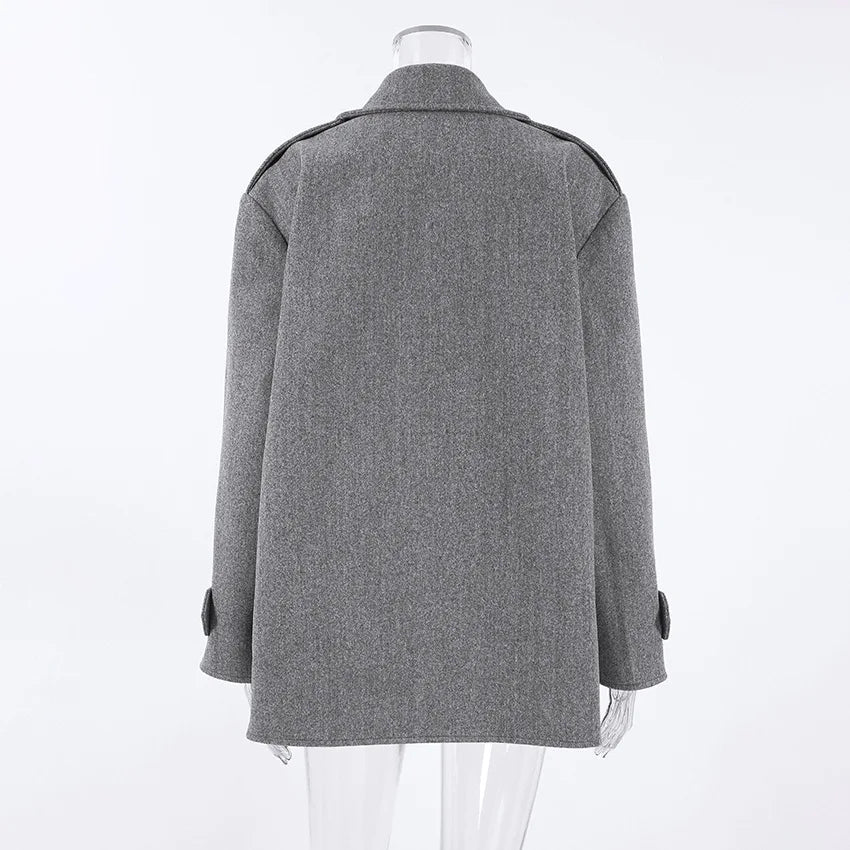 Gray Wool Blend Coat Notched Lapel Double Breasted Long Sleeve Cuff Detail Loose Mid-Length Women Commuter Woolen