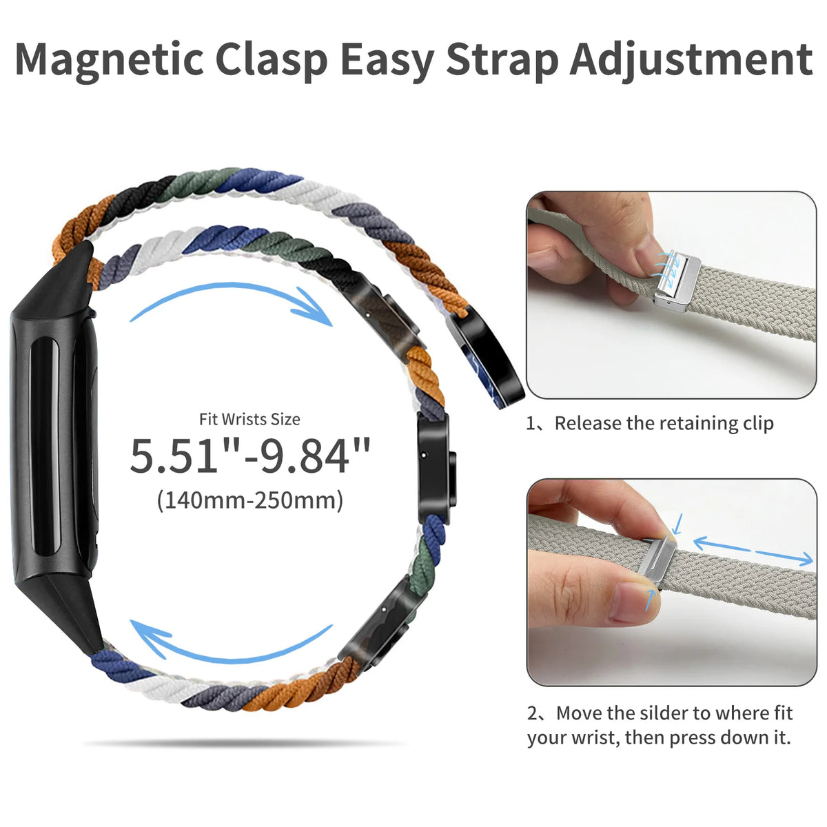 Rainbow Color Braided Band With Magnetic Quick Release Buckle Compatible For Fitbit Charge 5 Charge 6 Bands for Women