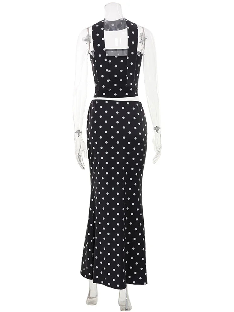 Ahagaga Fashion Women's Strapless Suits With Scarf Polka Dot Summer Regular Causal 2Pcs (Tops+Skirts) Sexy Slim Fit Female Sets