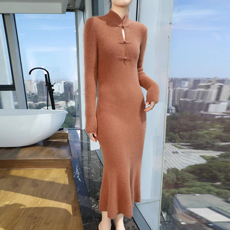 100% Mink Cashmere Knitted Dress Ladies Stand Collar Buckle Long Skirts Retro High Waist Over Knee Slim Dress New Thick Sweater