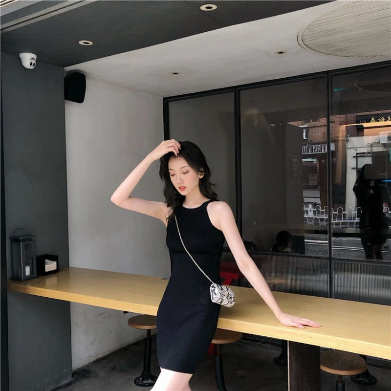 Summer New Style Hong Kong Flavor Slimming Sexy Girl Neck Hanging Bodycon Dress Shoulder Exposure Knitted Strap Dress Women