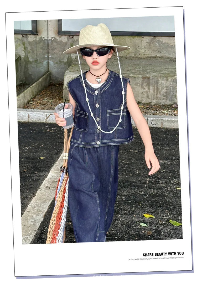 Summer teen Girls Denim Set 2024 Child Sleeveless Cowboy vest+Wide leg pants Two Piece junior kid jeans suit child outfits 10 12
