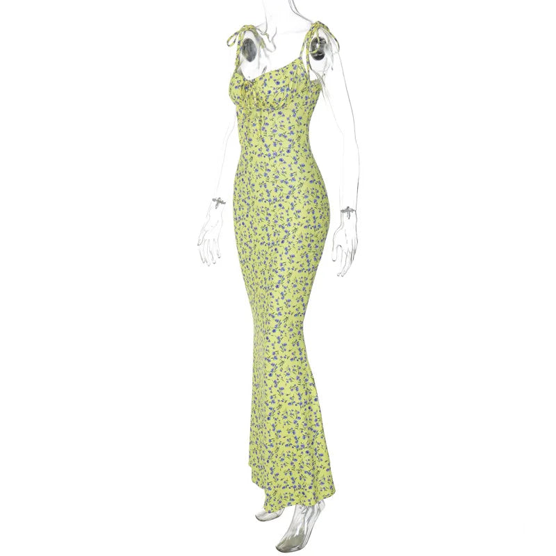Hugcitar Floral Print Sleeveless Backless Slips Lace Up Maxi Dress Sexy Bodycon Summer Elegant Outfits Holiday Party Wholesale