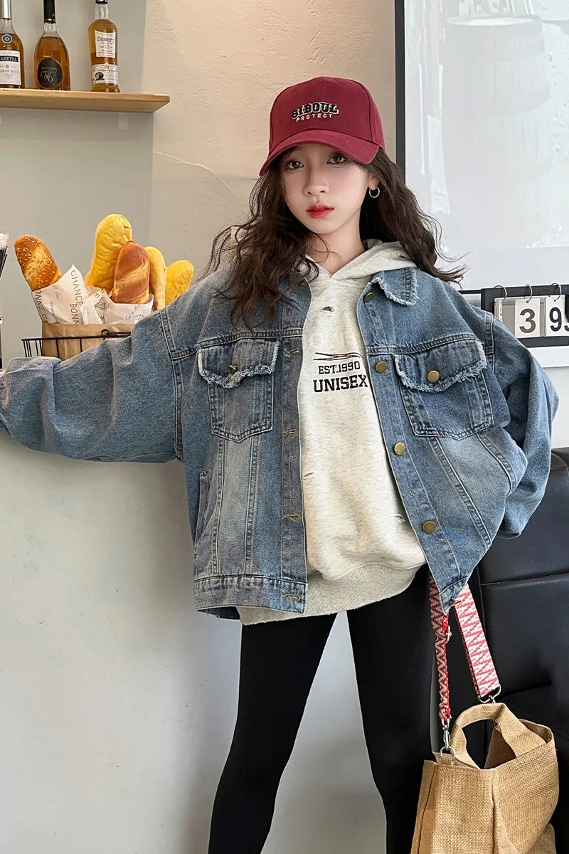 Girls Denim Jacket Spring Autumn 2026 New Style Casual Versatile Loose Button Down Jean Coat Fashion Children's Clothing