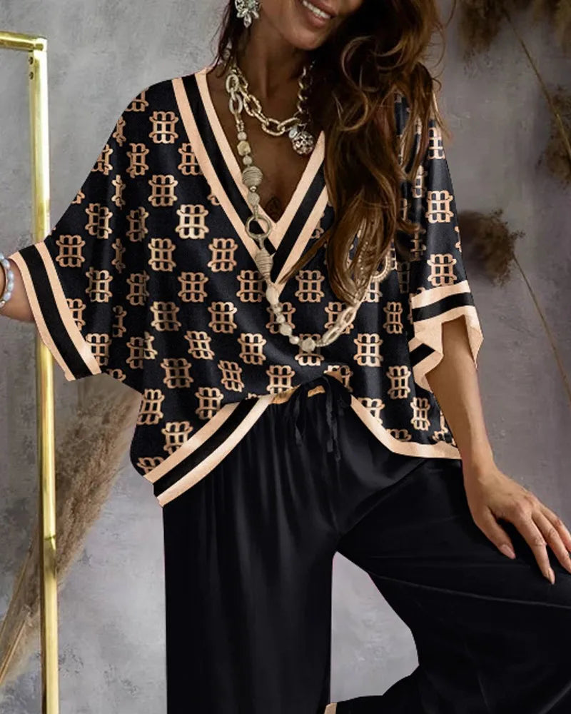 Sexy V Neck Batwing Sleeve Shirt Pants Sets For Women Spring Summer Fashion Print Blouse Trousers Two Piece Sets Femme Outfits