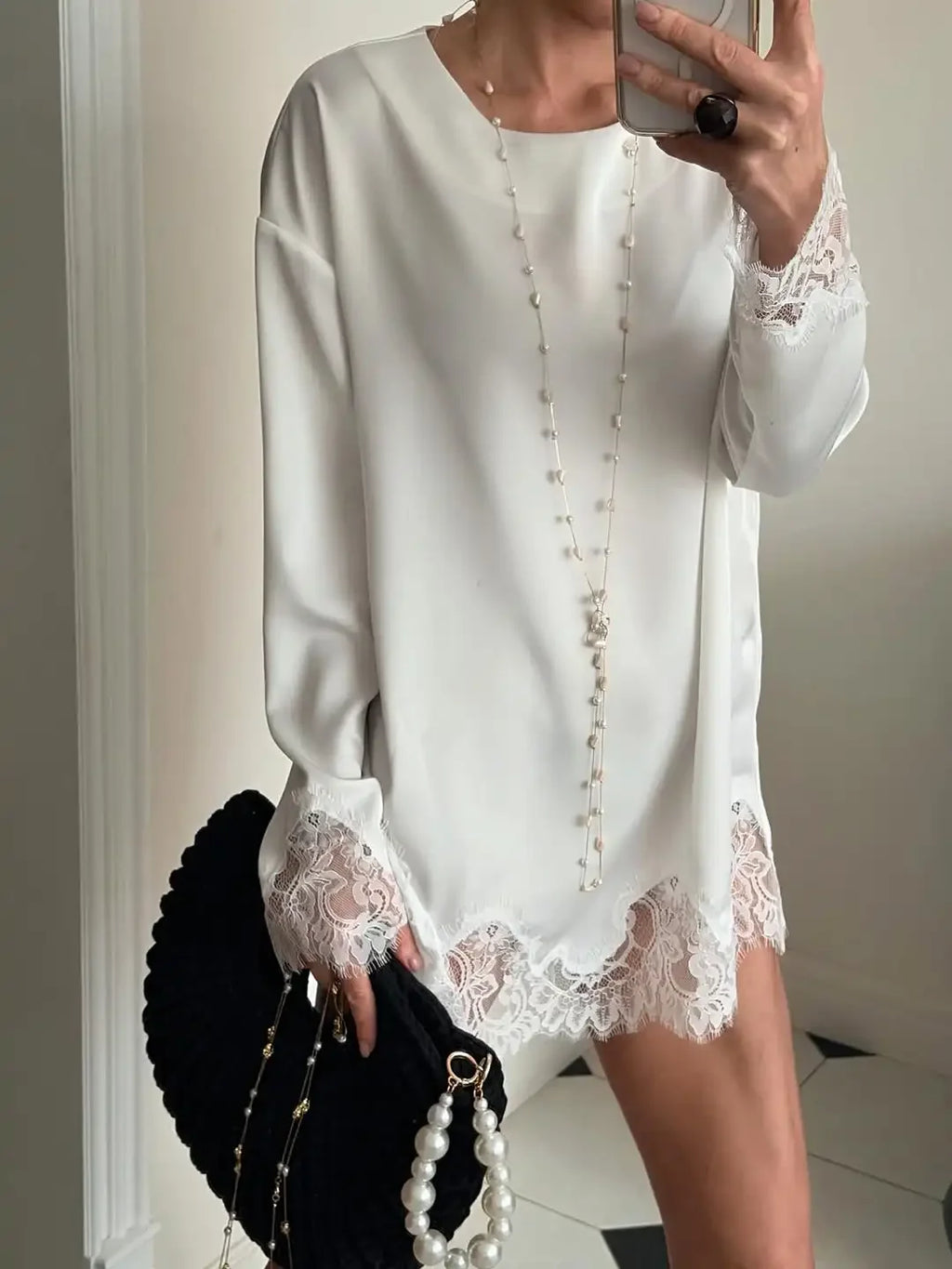 Satin Lace Patchwork Dress Women Long Sleeve O-neck Casual 2026 Spring Female Dresses Casual Solid Beach Robe not contain pearls