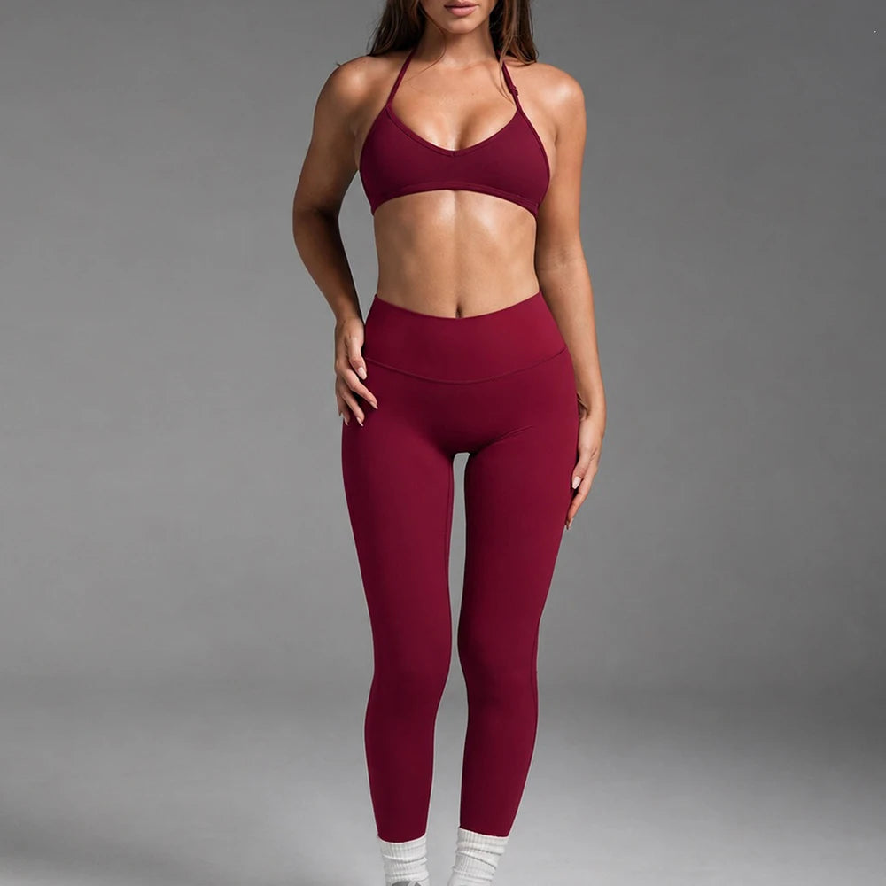 2PCS Women Yoga Set Solid Color Beautiful Back Hanging Neck Bra with Chest Pad Quick-Dry Fitness Running Shorts Yoga Set