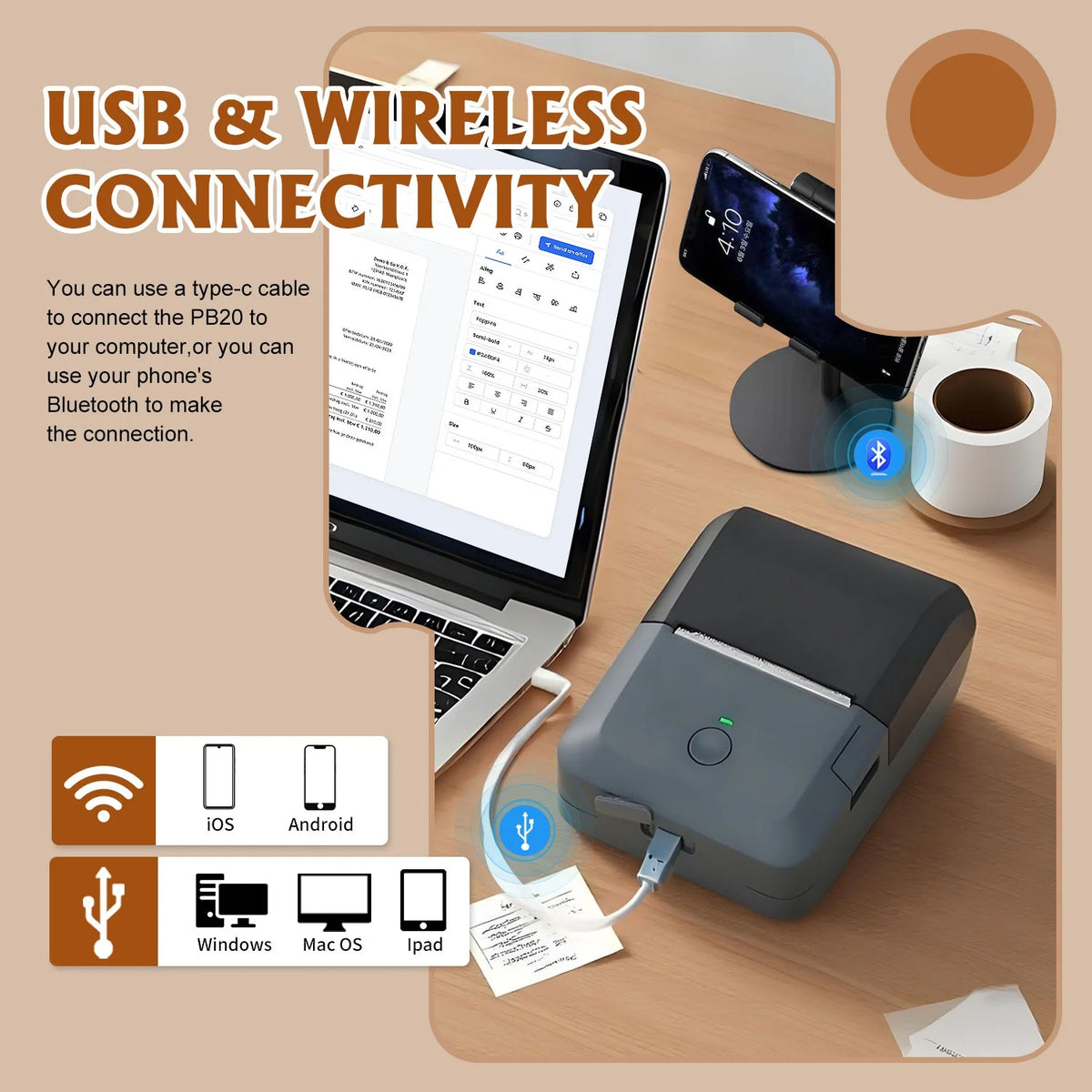 Compact Wireless Thermal Printer, Bluetooth Label Maker, Inkless Printing, Auto Paper Detection for iOS & Android Devices