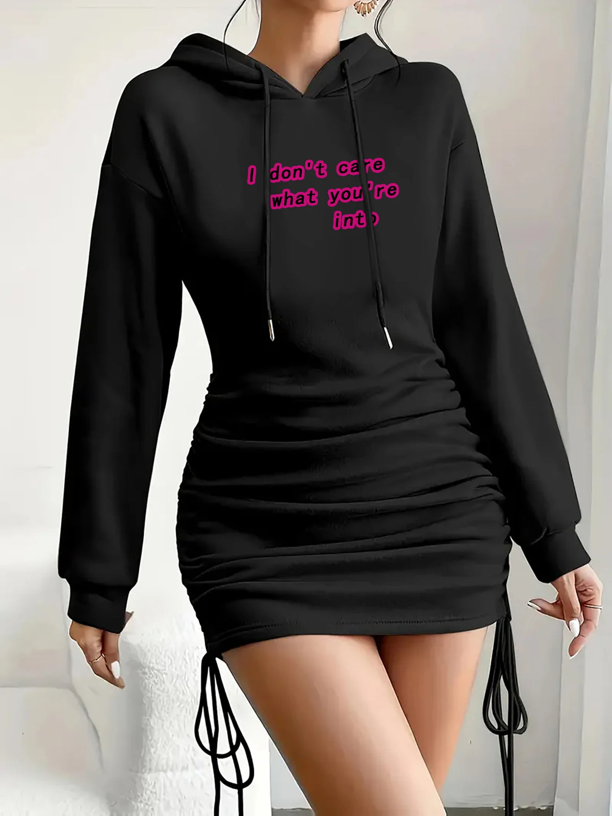 Women's Casual Elegant Hooded Dress Autumn Winter Long Sleeved Waist Cinching Mini Skirt Length Drawstring Pattern Print