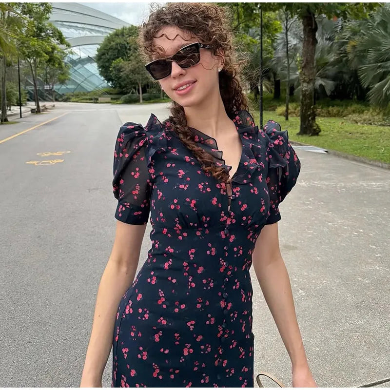 Elegant Printed Lace Trim V-Neck Dress Women Puff Sleeve Ruffled Hem Slit Maxi Dresses 2026 Summer New Lady Fashion Evening Wear
