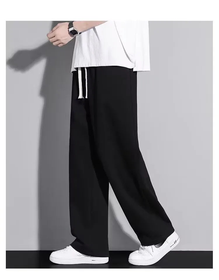 Men's Casual Straight Leg Drawstring Sweatpants Versatile Leisure Long Trousers Student Sports Pants Polyester Fiber Elastic