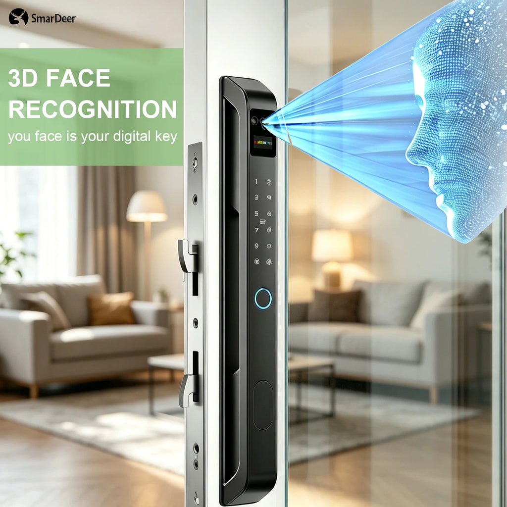 SmarDeer Narrow Frame Smart Door Lock IP65 Waterproof Electronic Lock Face ID Lock for Sliding Door Keyless Fingerprint Lock