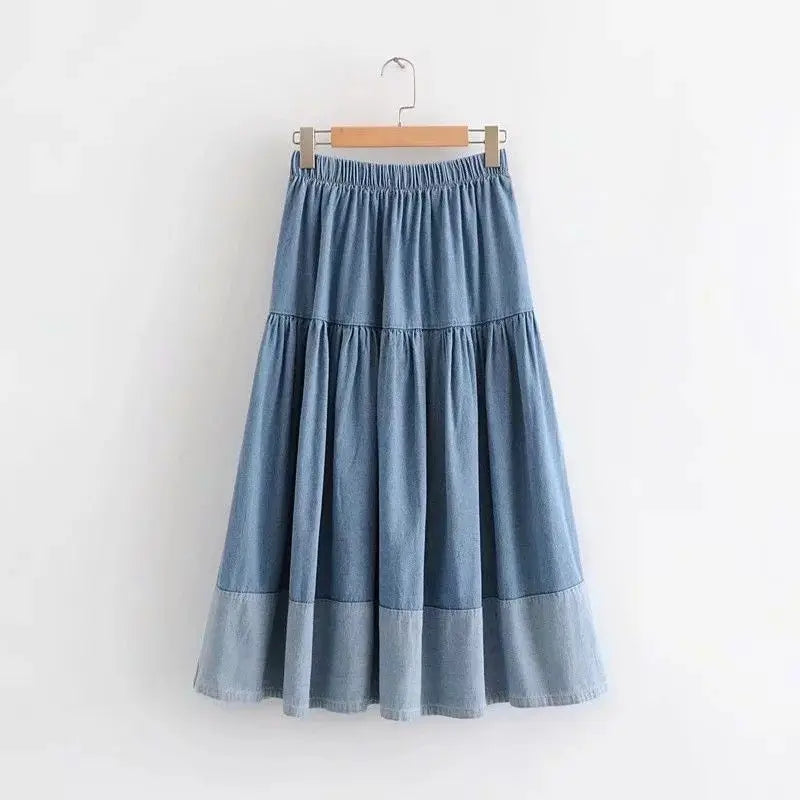 Blue Denim Skirt Womens High Waist Tiered Long Skirts Denim Elastic Casual Dress Elastic Waist A Line Jeans Skirt Girls Clothes