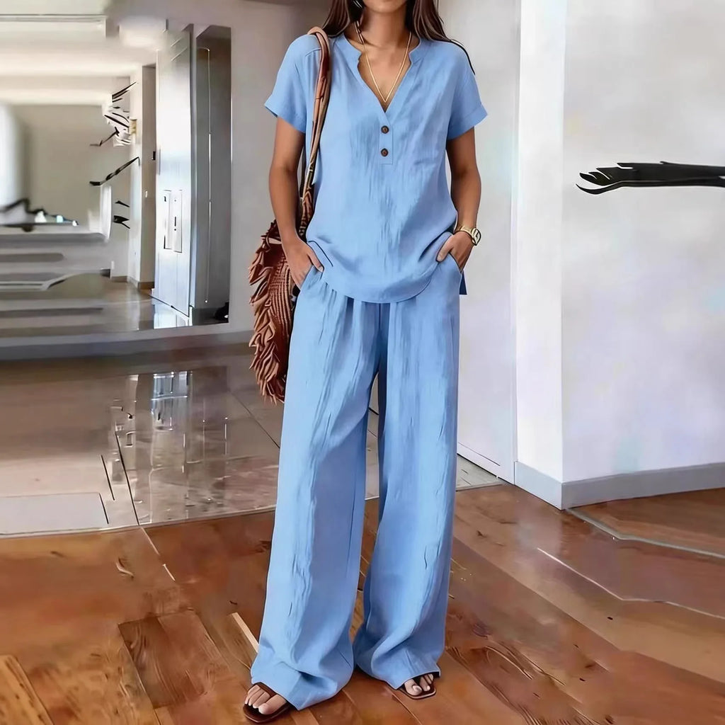 Solid Color Casual Loose Pants Sets For Women 2026 Elegant Summer Women's Two Pieces Suit Full Trouser Set Female Outfit Clothes