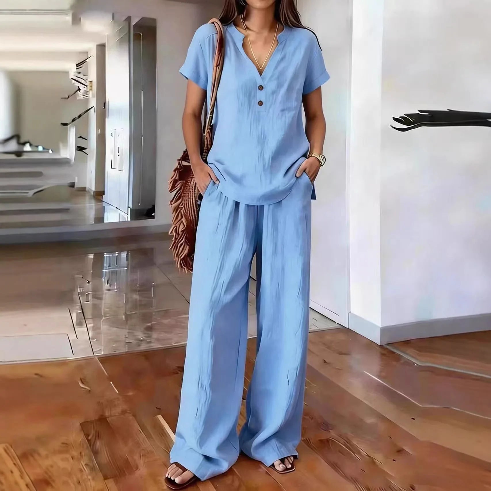 Solid Color Casual Loose Pants Sets For Women 2026 Elegant Summer Women's Two Pieces Suit Full Trouser Set Female Outfit Clothes