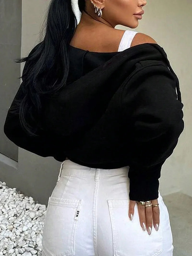 Spring Autumn Women's Zipper Long Sleeve Hooded Cardigan Loose Streetwear Short Sweatshirt Harajuku Y2K Crop Tops Outfit