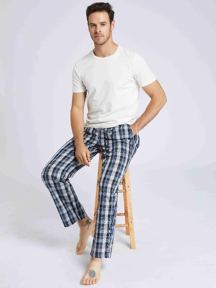 Men's Pajama Pants Spring & Fall Cotton Thin Plaid Casual Pj Bottoms Elastic Waistband with Pockets Homewear