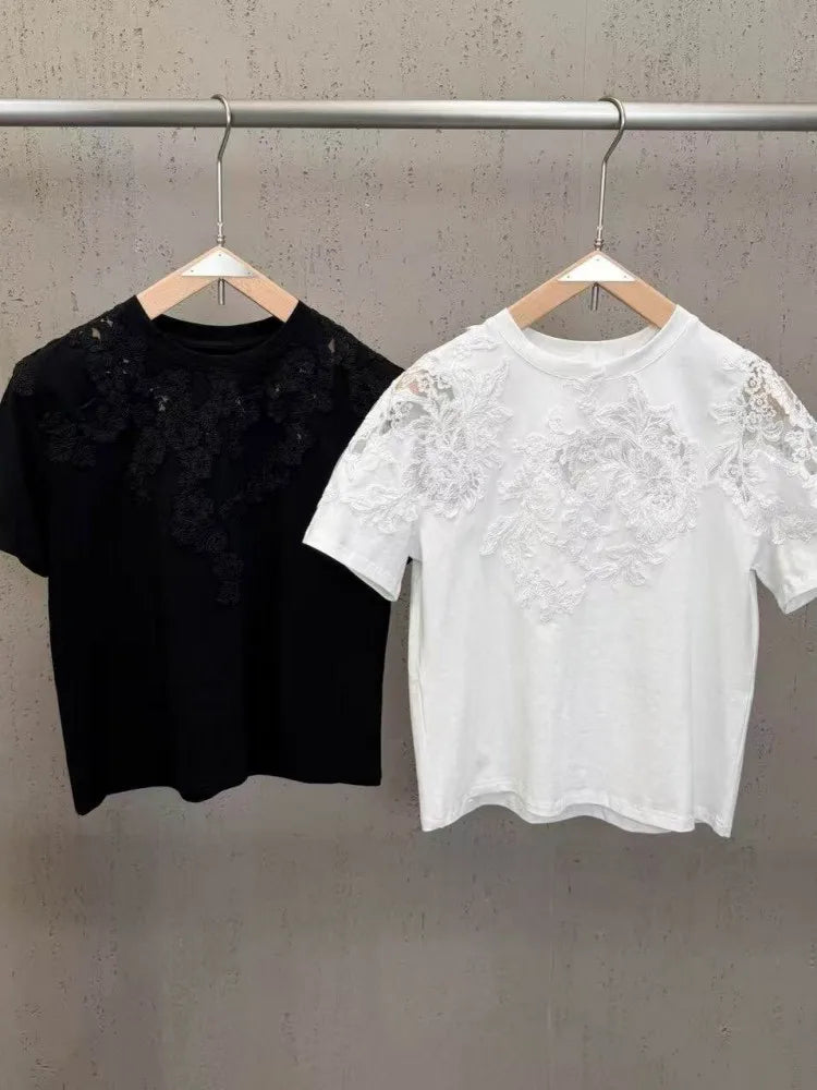 New 2026 Summer Women Casual T Shirts Short Sleeve Spliced Lace Embroidery Solid Color Ladies Fashion O Neck Pullover Tees Tops