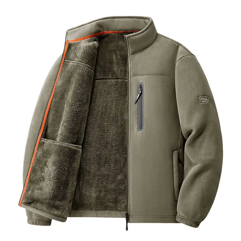 Men Fleece Lined Jacket Winter Thick Warm Stand Collar Zip Up Windproof Outdoor Casual Outerwear