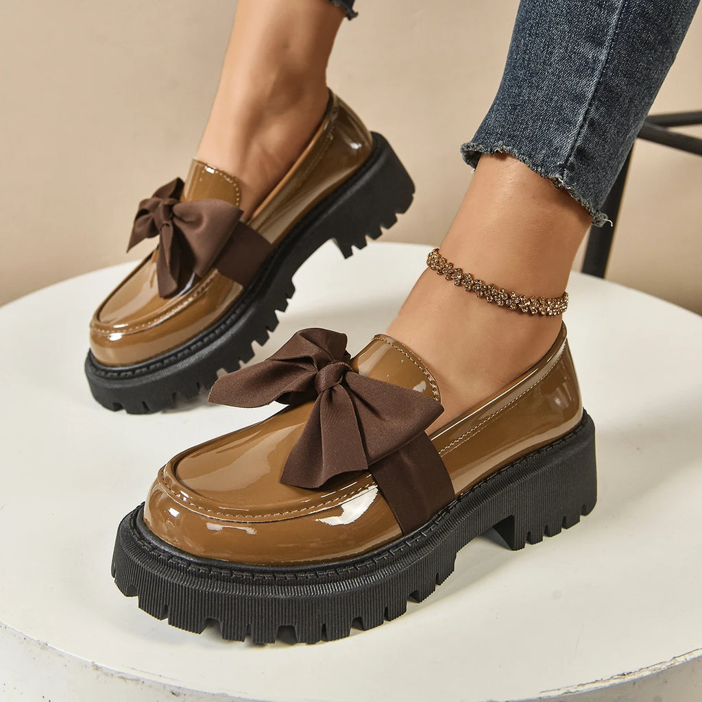 Women's British Style Loafers bowknot Chunky Heel Leather Flats Autumn Slip-On Shoes Versatile Work Shoes Platform Oxford 636