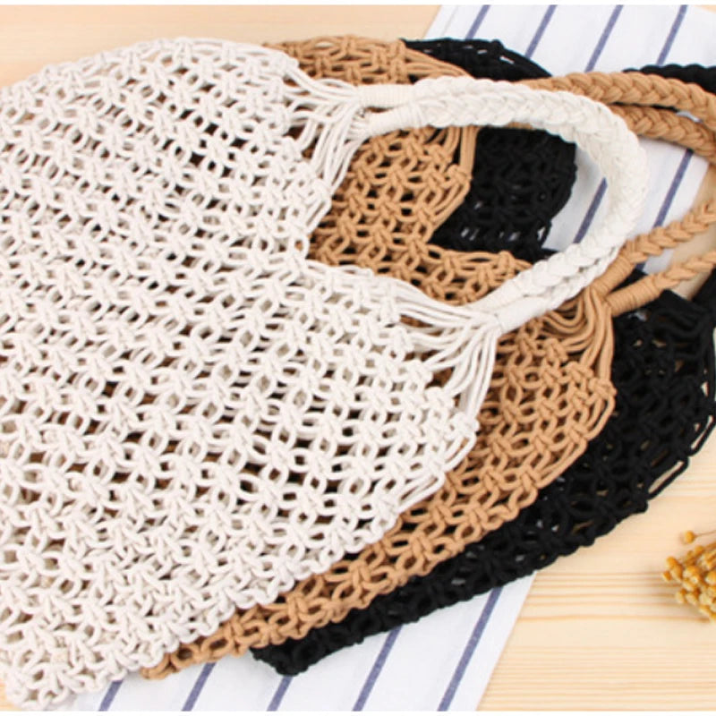 Hollow Crochet Mesh Woven Shoulder Bag With Inner Pocket,Women Solid Color Handbag,Summer Work Beach Vacation Commuting Tote Bag