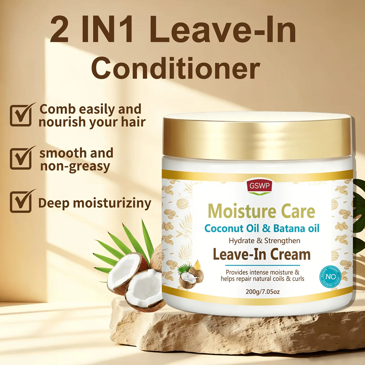 GSWP 2-IN-1 Coconut Oil & Batana Oil Leave-In Conditioner，Mends Dry, Frizzy, Split Ends, Fortifies Hair,Strengthen hair.7.05oz