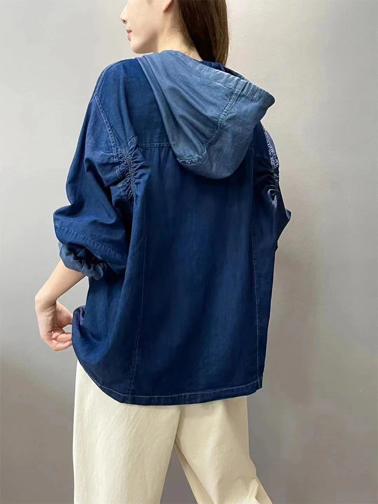 Amax luluE Spring Fashion Denim Hoodies Womens Vintage Hooded Classic Loose Sweatshirts Ladies Harajuku Leisure Korean Clothes